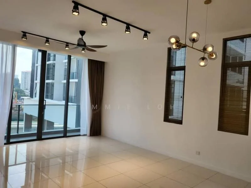 Living features: white painted walls, glossy tile flooring, 5-blade ceiling fan with light, recessed LED downlights, large floor-to-ceiling windows, sheer curtains, brown wooden window frames, modern pendant light fixture; style: modern; view: city.