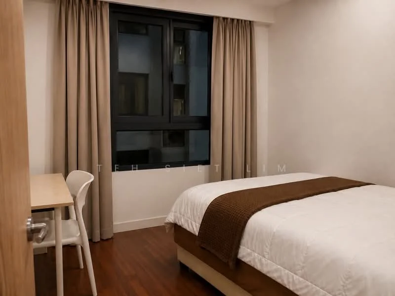 Bedroom features: queen-size bed with white bedding, brown throw blanket, wooden flooring, floor-to-ceiling window, curtains in beige, study desk with white chair, wall-mounted light, neutral painted walls; style: modern.