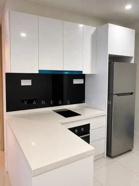 Kitchen features: white high-gloss cabinetry, black glass backsplash, white quartz countertop, stainless-steel fridge, built-in cooktop, single-bowl stainless-steel sink, chrome pull-down faucet, drawer storage, under-cabinet lighting, tile flooring; style: modern.