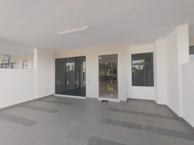 Room features: grey tiled flooring, white painted walls, large glass sliding doors, windows with black frames, ceiling lights, open layout, no visible furniture, neutral color scheme; style: modern.