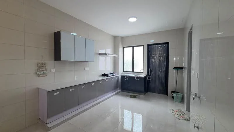 Kitchen features: grey cabinetry, white countertop, stainless-steel gas hob, built-in oven, single-bowl stainless-steel sink, chrome pull-down faucet, tile backsplash, large window with view, white tiled walls, polished ceramic tile flooring, recessed ceiling lights; style: modern.
