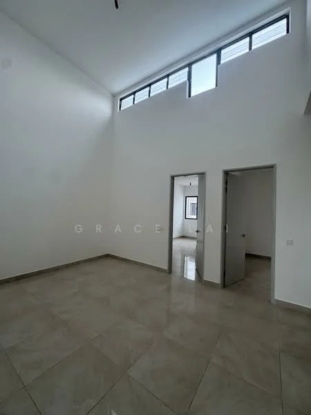 Room features: high ceiling, large windows, white painted walls, light-colored tile flooring, two doors, neutral decor, natural light, minimalist design; style: modern.
