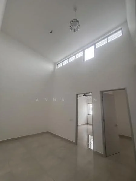Room features: white painted walls, high ceiling, large windows, tile flooring, chandelier, door, light fixture, neutral color scheme; style: modern.