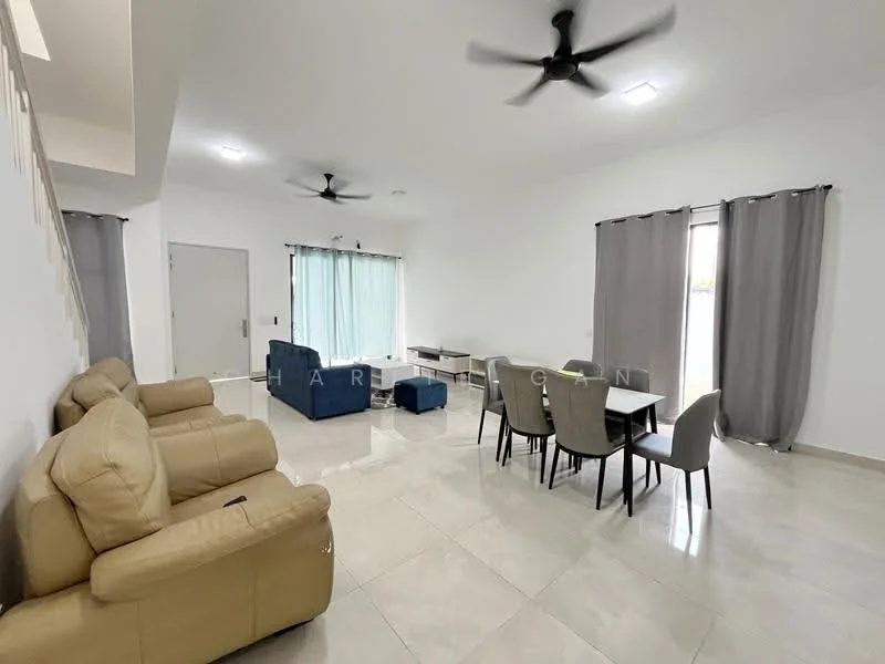 Living features: cream leather sofa, blue fabric armchair, 6-seater dining table with grey upholstered chairs, white walls, glossy beige tile flooring, 2 ceiling fans, large windows with sheer curtains, sliding glass door, recessed ceiling lights; style: modern.