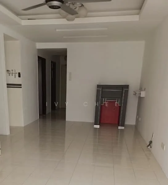 Living features: white painted walls, tile flooring, tray ceiling, ceiling fan, wall-mounted shelf, fireplace with black and red surround, doorway leading to other rooms, light switch, decorative wall trim; style: modern.