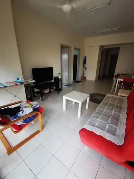Living features: red fabric sofa, white coffee table, TV console, wall-mounted TV, tile flooring, ceiling fan, light-colored painted walls, open layout to adjacent rooms; style: modern.