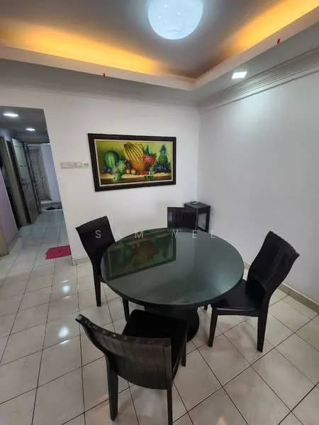 Dining features: round glass dining table, four black dining chairs, white painted walls, tile flooring, recessed ceiling lights, decorative ceiling with LED strip lighting, framed artwork with fruit still life, small side table, wall-mounted light fixture; style: modern.