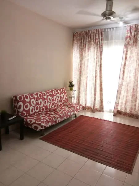 Living features: 3-seater fabric sofa with circular pattern in red and white, area rug in red, floor-to-ceiling windows with sheer curtains, light-coloured walls, ceiling fan, small side table, decorative plant on side table, tile flooring; style: modern.
