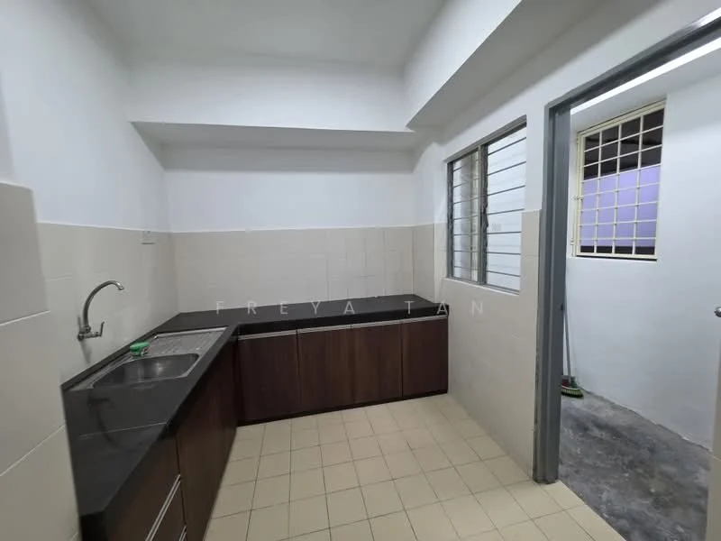 Kitchen features: single-bowl stainless-steel sink, chrome pull-down faucet, black granite countertop, brown wooden cabinetry, white tiled walls, cream tiled flooring, window with metal grille, open layout; style: modern.