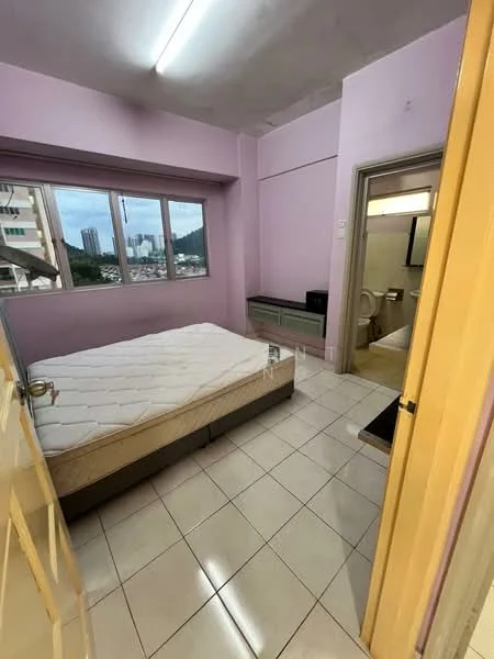 Bedroom features: pink painted walls, tiled flooring, queen-size bed frame without mattress, floor-to-ceiling windows, curtains, built-in wardrobe, ceiling light fixture, view of city skyline; view: city.