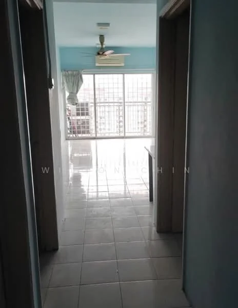 Room features: light blue painted walls, white ceiling, glossy white floor tiles, ceiling fan, large sliding glass door, curtains, natural light from windows, open layout; style: modern.