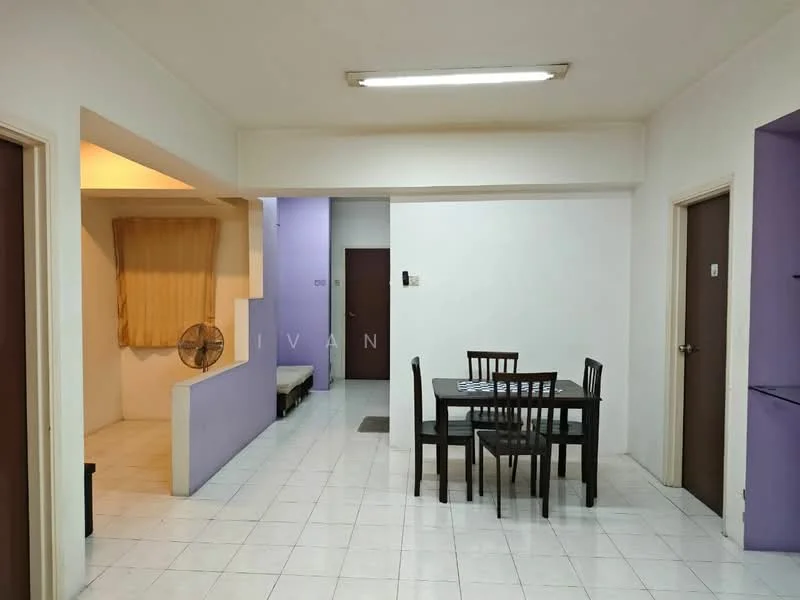 Living features: white painted walls, purple accent wall, tile flooring, ceiling light fixture, dining table with four chairs, wall-mounted fan, doorway leading to another room, window with sheer curtains; style: minimalist. Room features: white painted walls, purple accent wall, tile flooring, ceiling light fixture, doorway leading to another room, window with sheer curtains.