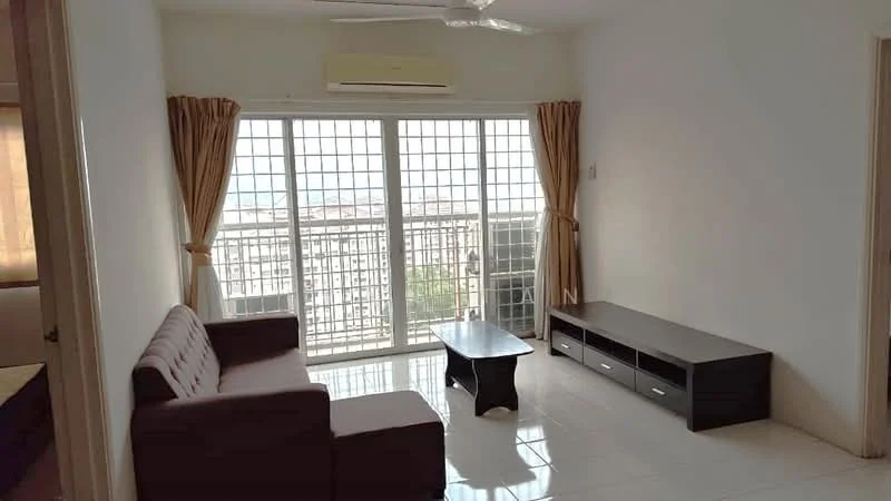 Living features: 3-seater fabric sofa in brown, coffee table, TV console with storage, floor-to-ceiling windows, sheer curtains, white painted walls, glossy tile flooring, 1 wall-mounted split AC, ceiling fan; style: modern; view: city.