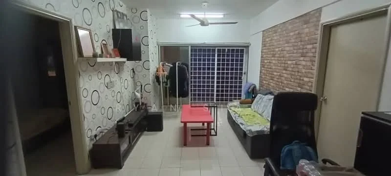 Living features: white painted walls with circular pattern wallpaper, exposed brick accent wall, tiled flooring, ceiling fan, sofa with fabric upholstery, coffee table in red, TV console, wall-mounted TV, decorative wall shelf, sliding glass door, curtains, area rug; style: modern. Room features: door leading to another room, clothes hanging on a rack.