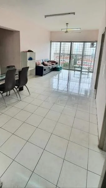 Living features: white painted walls, glossy white tile flooring, 5-blade ceiling fan with light, sliding glass door, floor-to-ceiling windows, black fabric sofa, dining table with four grey chairs, decorative throw pillows, natural light from windows, open layout; style: modern; view: city.