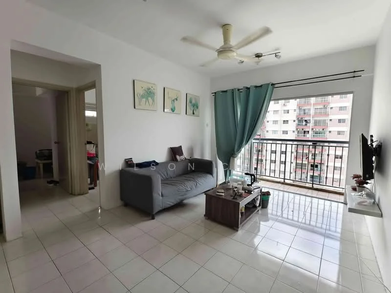 Living features: grey fabric sofa, coffee table, wall-mounted TV, floor-to-ceiling windows, sliding glass door, curtains in teal, ceiling fan, white painted walls, tile flooring, decorative wall art, area rug; style: modern; view: city. Room features: white painted walls, tile flooring.