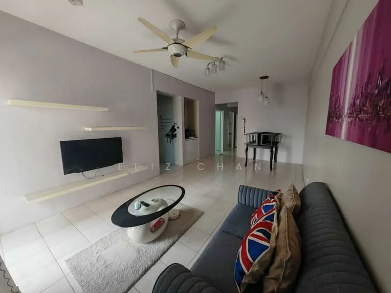 Living features: grey fabric sofa, coffee table with circular top, flat-screen TV mounted on wall, 5-blade ceiling fan with light, white painted walls, tile flooring, decorative wall art, floating shelves on wall, area rug; style: modern.