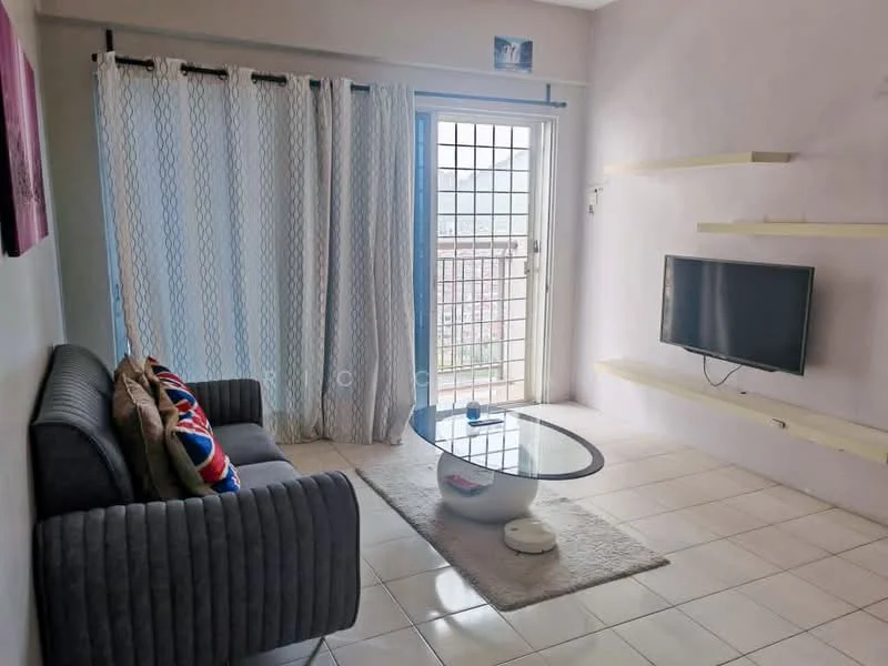 Living features: grey fabric 3-seater sofa, decorative cushions, glass coffee table, white round base, wall-mounted TV, floating shelves, curtains with geometric pattern, tiled flooring, window with grid pattern, area rug with soft texture; style: modern; view: city.