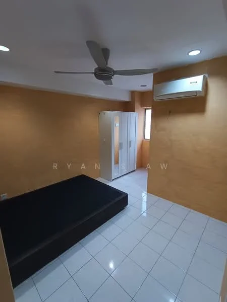 Bedroom features: black bed frame without mattress, white tiled flooring, orange painted walls, 1 wall-mounted split AC, ceiling fan, built-in wardrobe with sliding doors, window with natural light.