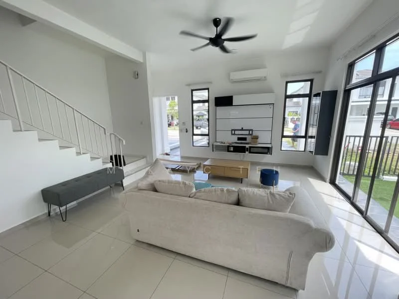 Living features: beige fabric sofa, coffee table, TV console, wall-mounted TV, 5-blade ceiling fan, floor-to-ceiling windows, white painted walls, glossy tile flooring, air conditioning unit, decorative wall shelving, open layout, natural light, view of front yard; style: modern; view: garden.