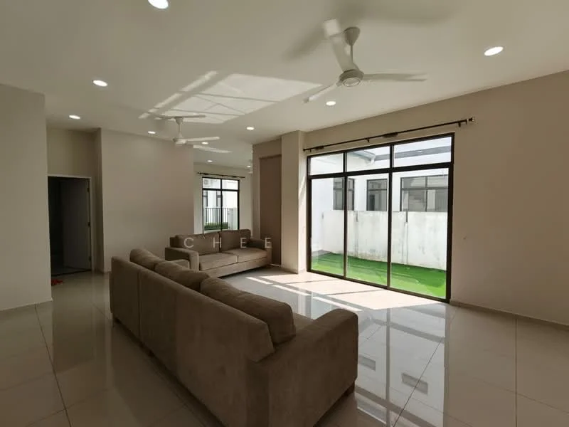 Living features: 3-seater fabric sofa in beige, 2-seater fabric sofa in beige, floor-to-ceiling windows, sliding glass door, white painted walls, polished ceramic tile flooring, recessed downlights, 2 ceiling fans, green lawn view, decorative wall with no visible artwork; style: modern; view: garden.