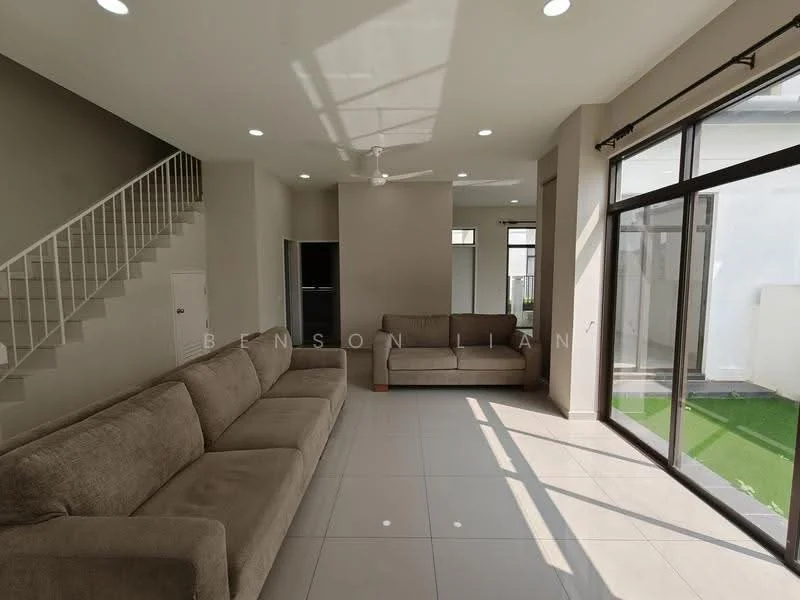 Living features: beige fabric sofa, 3-seater sofa, 2-seater sofa, floor-to-ceiling windows, sliding glass door, white walls, recessed downlights, ceiling fan, tile flooring, green lawn visible through window, staircase with white railing, open layout; style: modern; view: garden.
