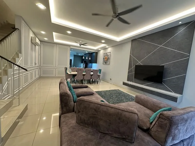 Living features: L-shape sectional sofa in grey, coffee table, wall-mounted TV, feature wall with stone cladding, recessed LED downlights, 5-blade ceiling fan, marble tile flooring, decorative area rug with geometric pattern, crown moulding, large windows, open-plan layout to dining area; style: modern. Dining features: 6-seater dining table, upholstered dining chairs, pendant lighting above dining table; style: modern.