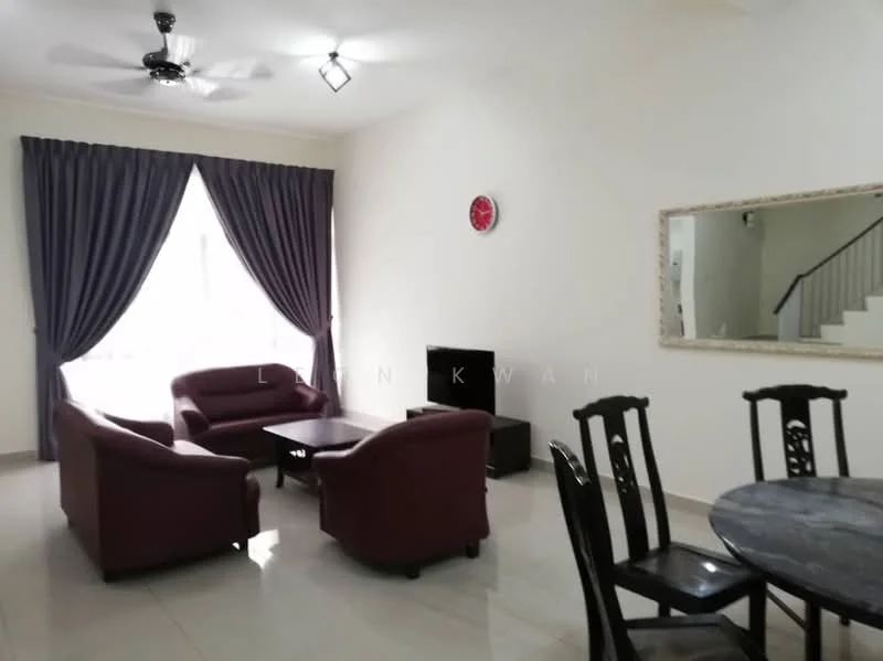 Living features: 3-seater fabric sofa in maroon, 2-seater fabric sofa in maroon, wooden coffee table, wall-mounted TV, floor-to-ceiling windows, sheer curtains, dark wood dining table, 4 wooden dining chairs, ceiling fan with light, decorative wall clock, framed mirror, light-colored walls, glossy tile flooring; style: modern.