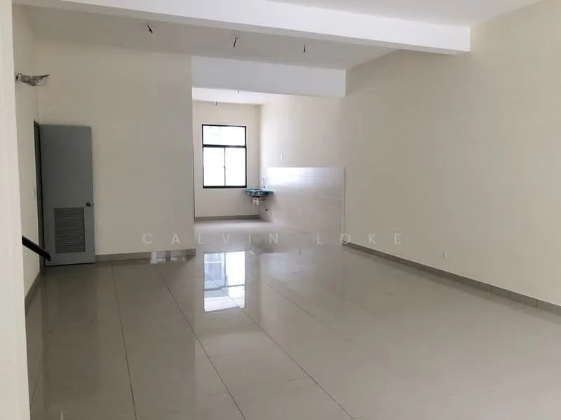 Room features: cream painted walls, glossy ceramic tile flooring, large window with grid pattern, kitchenette area with wall tiles, no visible appliances, high ceiling, minimalist design, neutral color palette; style: modern.