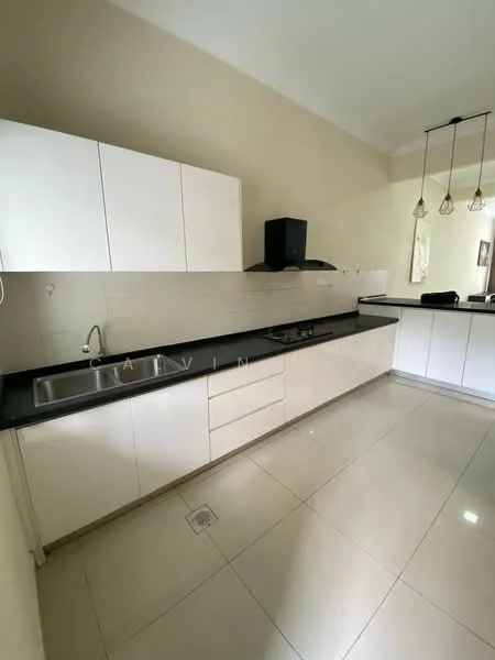Kitchen features: white cabinetry, black countertop, stainless-steel sink, chrome pull-down faucet, built-in stove, wall-mounted range hood, ceramic tile flooring, recessed downlights; style: modern.