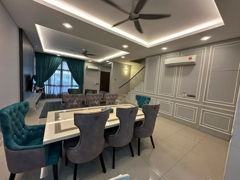 Dining features: 6-seater dining table with marble top, upholstered dining chairs in grey, ceiling with recessed downlights, 5-blade ceiling fan, wall-mounted air conditioning unit, grey tiled flooring, decorative wall paneling, curtains in teal, large window with view, wall-mounted decorative mirror; style: modern. Living features: sofa in teal, coffee table, area rug, TV console, wall-mounted TV; style: modern.