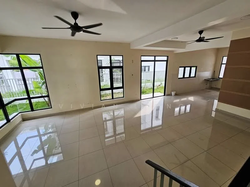 Living features: large floor-to-ceiling windows, 2 ceiling fans, white painted walls, glossy ceramic tile flooring, open layout, natural light, view of garden, neutral color scheme; style: modern; view: garden.