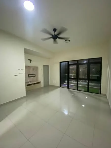 Living features: white painted walls, polished tile flooring, 5-blade ceiling fan, recessed downlights, wall-mounted TV console, large sliding glass doors, view of outdoor space, neutral color scheme; style: modern; view: garden.