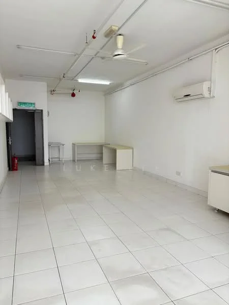 Room features: white painted walls, white tiled flooring, ceiling fan, 1 wall-mounted split AC, fluorescent lighting, open space layout, no visible furniture, large windows, neutral color scheme; style: minimalist.