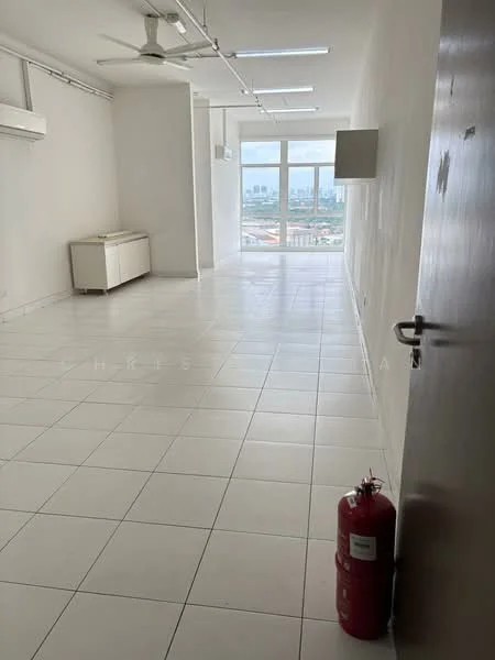 Room features: white painted walls, white tiled flooring, floor-to-ceiling windows, city view, 1 wall-mounted split AC, ceiling fan, fire extinguisher, open layout, natural light; style: modern; view: city.
