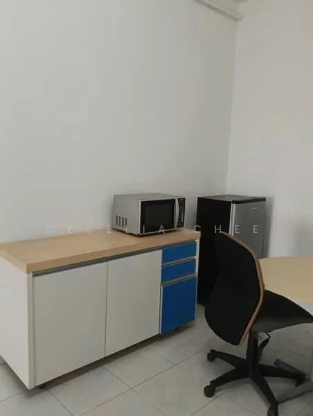 Room features: white cabinetry with blue accent, wood countertop, microwave, small fridge, tile flooring, white painted walls, round dining table, black office chair; style: modern.
