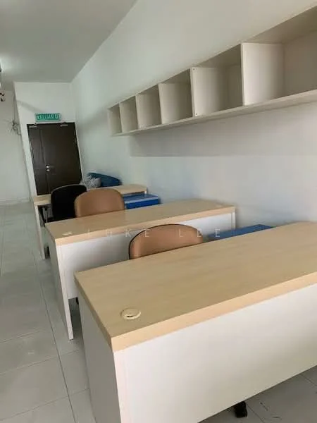 Room features: white painted walls, tile flooring, wooden desks, office chairs, shelves mounted on wall, blue cushions on desks, doorway leading to another room; style: modern.