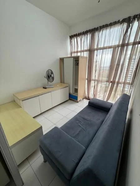 Room features: grey fabric sofa, white side table, white storage cabinet, floor-to-ceiling windows, sheer curtains, tile flooring, wall-mounted fan, light-colored wall, blue storage box; style: minimalist; view: city.