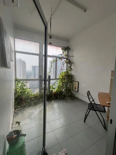 Room features: floor-to-ceiling windows, grey tiled flooring, indoor plants, wooden table, black folding chair, white painted walls, natural light from windows, city skyline view; style: modern; view: city.
