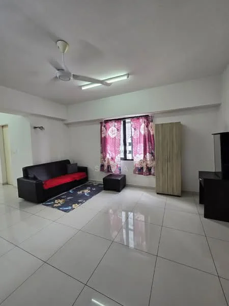 Living features: 3-seater black leather sofa, red accent cushion, coffee table, area rug with floral pattern, floor-to-ceiling window with sheer curtains, white painted walls, glossy tile flooring, ceiling fan with light, TV console, wooden wardrobe; style: modern.