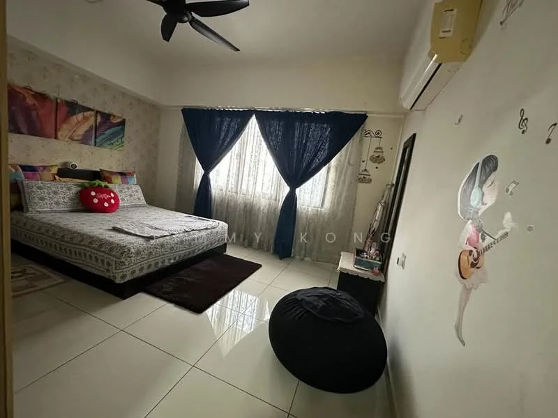 Bedroom features: queen-size bed with patterned bedding, upholstered headboard, 2 bedside lamps, floor-to-ceiling windows with sheer curtains, dark blue curtains, white painted walls with floral wallpaper, polished ceramic tile flooring, ceiling fan, air conditioning unit, decorative wall art, black bean bag chair, area rug; style: modern.