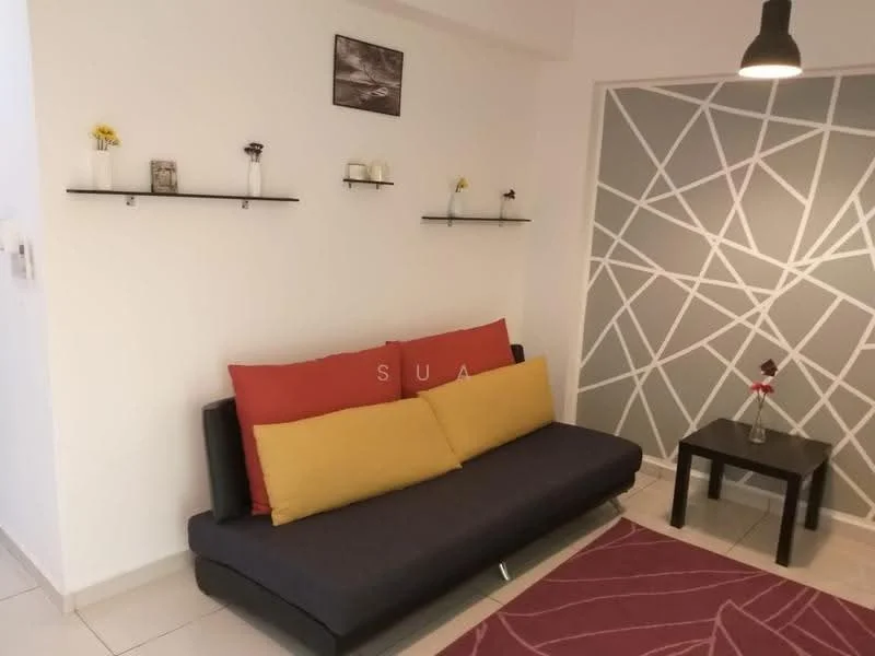 Living features: black fabric sofa with red and yellow cushions, decorative wall shelves, geometric patterned accent wall, dark coffee table, area rug with geometric pattern, white painted walls, tile flooring, pendant light fixture; style: modern.