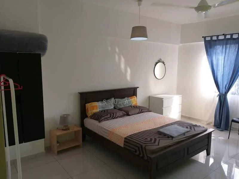 Bedroom features: king-size bed with patterned bedding, wooden bed frame, upholstered headboard, 2 bedside lamps, white dresser, full-length mirror, sliding wardrobe, ceiling fan, white painted walls, grey curtains, tile flooring, natural light from window; style: modern.