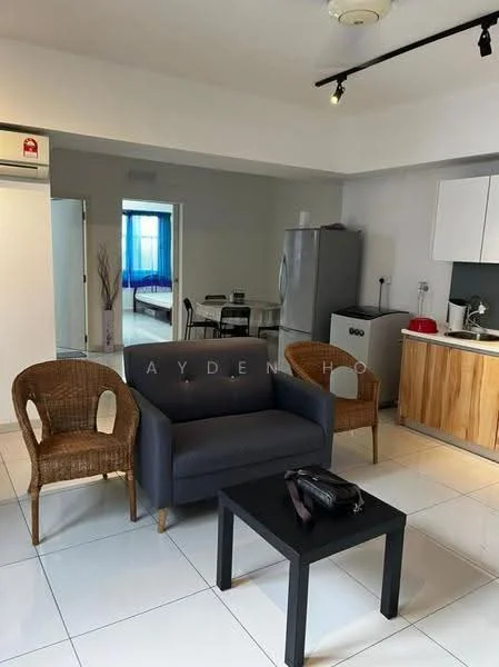Living features: grey fabric sofa, 2 rattan chairs, black coffee table, white tiled flooring, recessed ceiling lights, wall-mounted air conditioning unit, open kitchen area, stainless-steel fridge, wood cabinetry, kitchen countertop; style: modern. Room features: white walls, blue curtains, dining table with chairs.