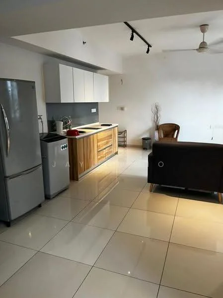 Kitchen features: stainless-steel fridge, double-bowl stainless-steel sink, chrome pull-down faucet, laminate countertop, white shaker cabinets, ceramic tile flooring, recessed downlights, 5-blade ceiling fan, open shelving, wooden cabinetry, kitchen island, area rug, wall-mounted TV, sofa, dining chair; style: modern.