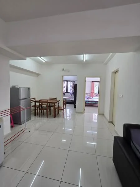 Living features: white painted walls, glossy ceramic tile flooring, recessed downlights, sofa in black leather, dining table with 6 wooden chairs, fridge in stainless steel, open layout, doorway leading to bedroom, doorway leading to hallway; style: modern. Room features: white painted walls, glossy ceramic tile flooring, recessed downlights.