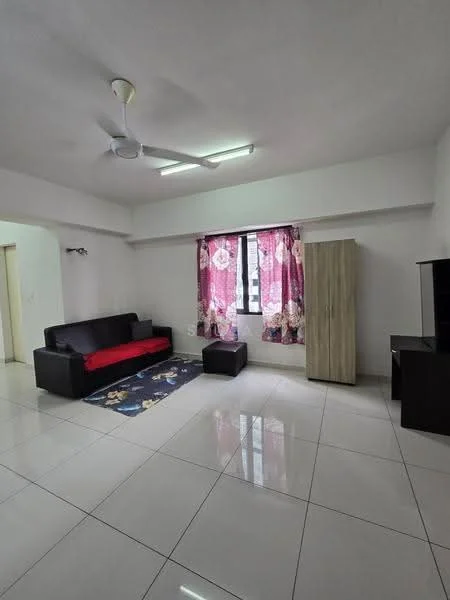 Living features: white painted walls, glossy tile flooring, 5-blade ceiling fan with light, floor-to-ceiling window, sheer curtains, black sofa with red accent, area rug with geometric pattern, wooden cabinet, black TV console, decorative wall sconce; style: modern.