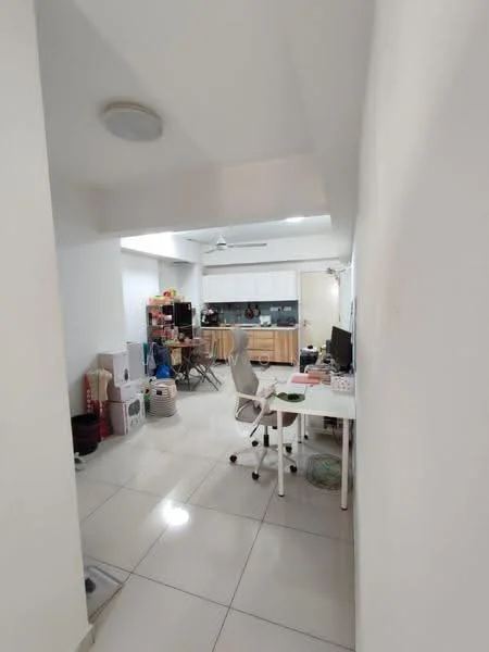 Room features: white painted walls, ceiling with recessed lighting, tile flooring, open layout, kitchen cabinetry with wood finish, stainless-steel appliances, dining table with chairs, office desk with chair, multiple storage boxes, decorative plants, wall-mounted shelves; style: modern.