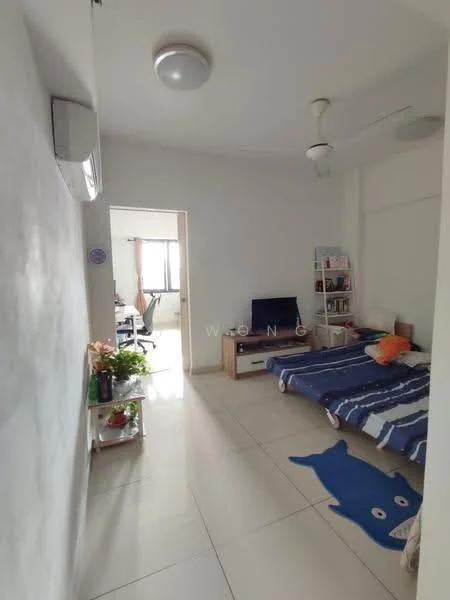 Room features: white painted walls, tile flooring, ceiling light fixture, ceiling fan, wall-mounted air conditioning unit, single bed with blue and white striped bedding, TV on a stand, bookshelf, decorative plants, blue area rug, desk and chair visible in background; style: modern.