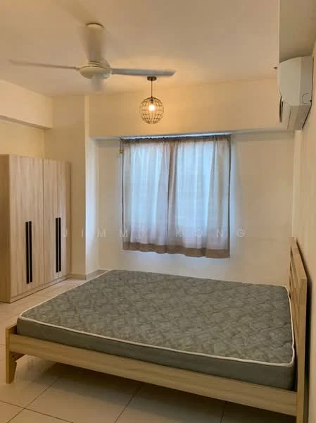 Bedroom features: queen-size bed, wooden bed frame, ceiling fan with light, floor-to-ceiling window, sheer curtains, light-colored walls, tile flooring, built-in wardrobe with sliding doors, air conditioning unit; style: modern.
